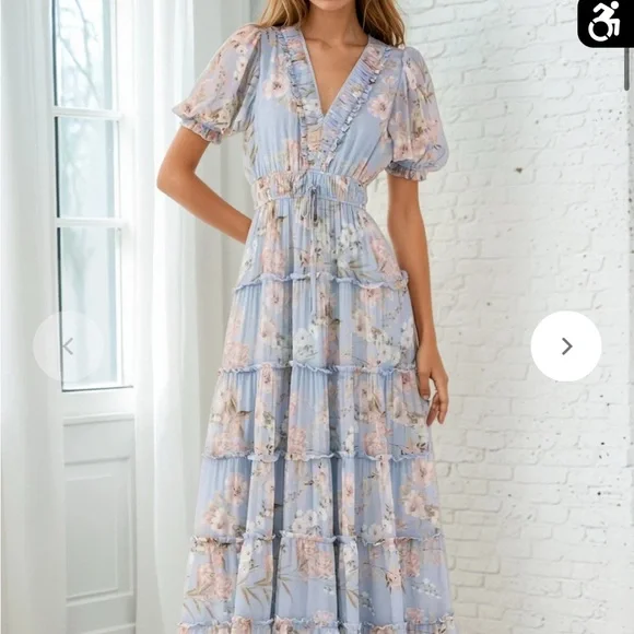 blue and pink wrap dress Naples Faux Wrap Dress Ferns Cornflower Blue main image 1